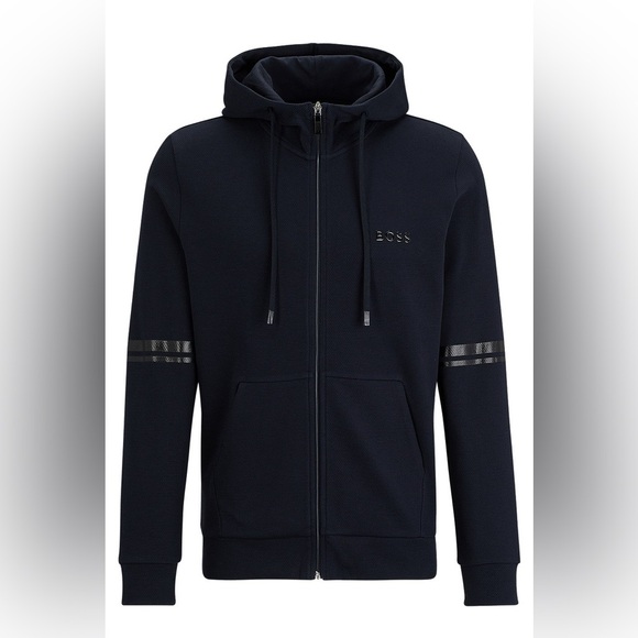 HUGO BOSS Cotton-Piqué Zip-Up Hoodie Dark Blue Size M | Made in Portugal - Picture 1 of 14